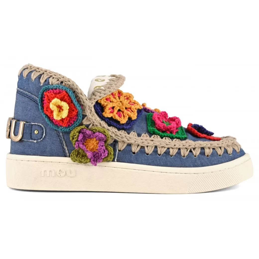 Sneakers^Mou Summer Eskimo Sneaker Crochet Flowers denim