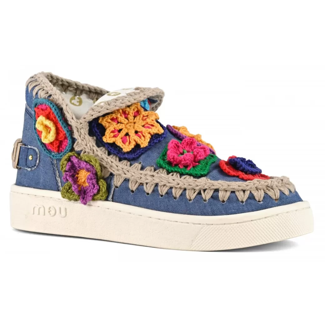 Sneakers^Mou Summer Eskimo Sneaker Crochet Flowers denim